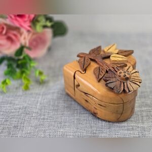 Vintage Wooden Puzzle Box Floral Design Heart Shape